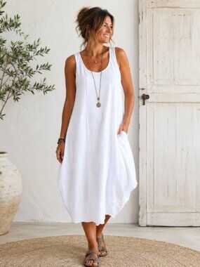 LUUKAA Tank Dress Sleeveless Lagenlook Boho Quiet Luxury Pockets White Size L